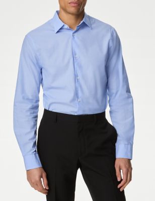 M&S Men's Regular Fit Pure Cotton Textured Shirt - Blue Mix, Blue Mix,Medium Grey