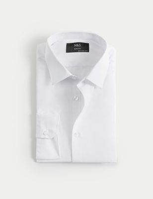 M&S Mens Slim Fit Easy Iron Cotton Blend Shirt - 17 - White, White,Black,Lilac,Pink,Light Blue