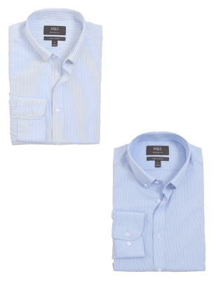 

Mens M&S Collection 2pk Regular Fit Pure Cotton Striped Shirts - Bright Blue, Bright Blue