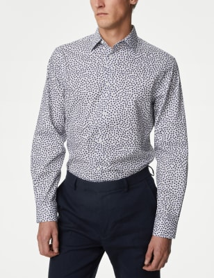 M&S Mens Regular Fit Easy Iron Pure Cotton Print Shirt - M - White Mix, White Mix,Blue Mix