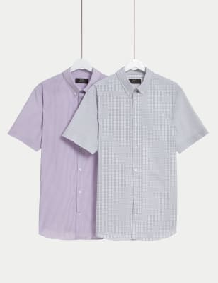 M&S Men's 2pk Regular Fit Easy Iron Checked Short Sleeve Shirts - 14.5 - Lilac Mix, Lilac Mix