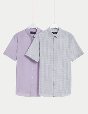 M&S Mens 2pk Regular Fit Easy Iron Checked Short Sleeve Shirts - 15 - Lilac Mix, Lilac Mix