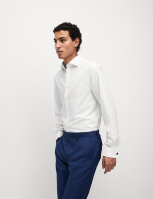 M&S Mens Slim Fit Cotton Blend Double Cuff Shirt - 14.5 - White, White