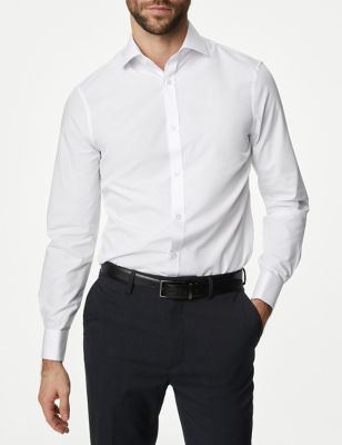 M&S Mens Slim Fit Cotton Blend Double Cuff Shirt - 17.5 - White, White