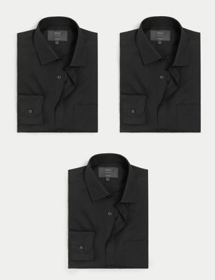 Marks And Spencer Mens M&S Collection 3pk Tailored Fit Long Sleeve Shirts - Black, Black