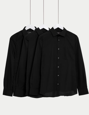 M&S Men's 3pk Regular Fit Easy Iron Long Sleeve Shirts - 17 - Black, Black