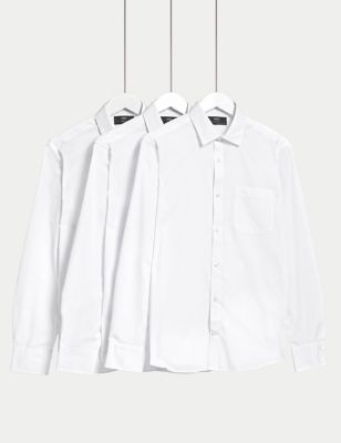 M&S Men's Shorter Length 3pk Slim Fit Easy Iron Long Sleeve Shirts - 15 - White, White