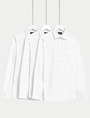 M&S Mens 3pk Skinny Fit Easy Iron Long Sleeve Shirts - 14 - White, White