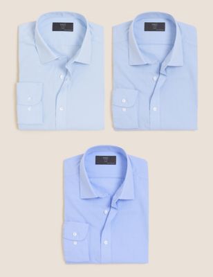 Marks And Spencer Mens M&S Collection 3pk Slim Fit Long Sleeve Shirts - Blue Mix, Blue Mix
