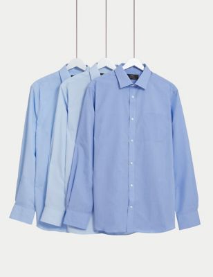 M&S Mens 3pk Tailored Fit Easy Iron Long Sleeve Shirts - 15 - Blue Mix, Blue Mix
