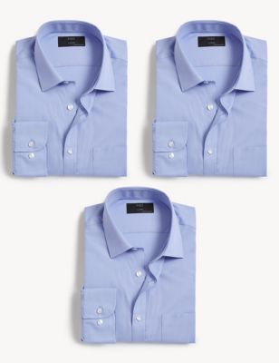 Marks And Spencer Mens M&S Collection 3pk Tailored Fit Cotton Blend Shirts - Blue, Blue