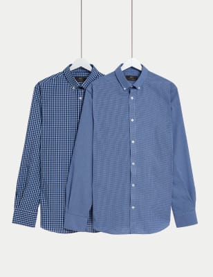 

Mens M&S Collection 2pk Regular Fit Easy Iron Long Sleeve Gingham Shirts - Blue Mix, Blue Mix