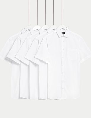 M&S Mens 5pk Regular Fit Easy Iron Short Sleeve Shirts - 15 - White, White