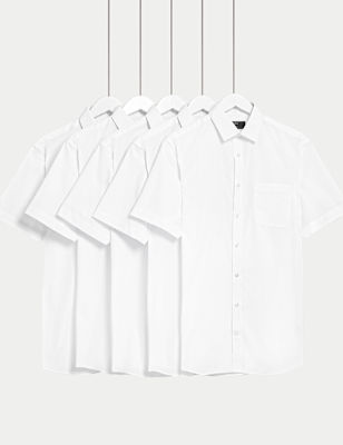 M&S Mens 5pk Regular Fit Easy Iron Short Sleeve Shirts - 15 - White, White