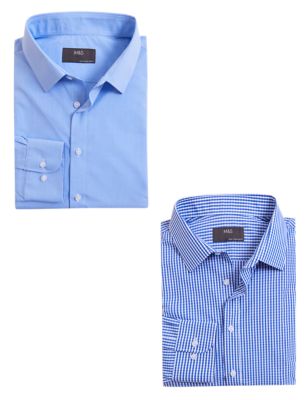 

Mens M&S Collection 2pk Regular Fit Easy Iron Check Shirts - Blue Mix, Blue Mix