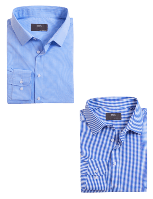 

Mens M&S Collection 2pk Regular Fit Easy Iron Check Shirts - Blue Mix, Blue Mix