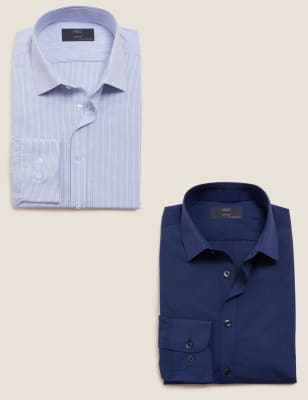 

Mens M&S Collection 2er-Pack normal geschnittene Hemden aus Baumwollmischgewebe - Blue Mix, Blue Mix
