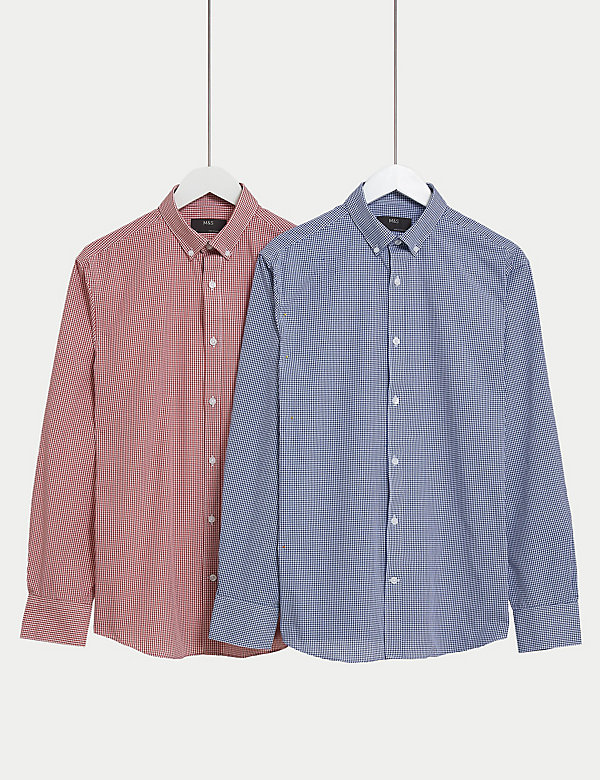 兩件裝標準剪裁容易熨燙格紋長袖襯衫 - HK