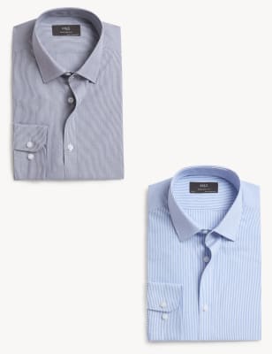 

Mens M&S Collection 2er-Pack gestreifte Langarmhemden mit normaler Passform - Blue Mix, Blue Mix