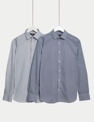 M&S Mens 2pk Regular Fit Easy Iron Long Sleeve Shirts - 14.5 - Blue Mix, Blue Mix