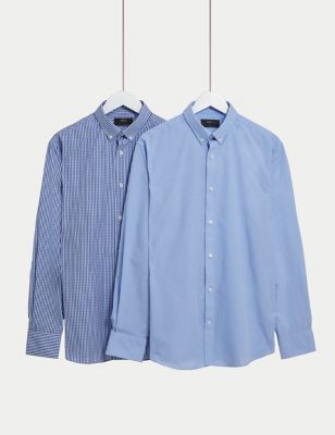 M&S Mens 2pk Regular Fit Easy Iron Long Sleeve Shirts - 15 - Blue Mix, Blue Mix