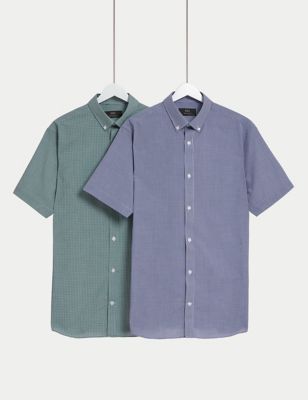 M&S Mens 2pk Regular Fit Easy Iron Checked Shirts - 15 - Green Mix, Green Mix