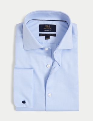 

Mens M&S SARTORIAL Tailored Fit Pure Cotton Herringbone Shirt - Blue, Blue