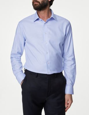 M&S Sartorial Men's Slim Fit Luxury Cotton Striped Shirt - 15 - Blue Mix, Blue Mix