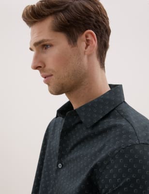 

Mens Autograph Regular Fit Cotton Geometric Print Shirt - Black, Black