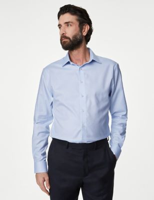 M&S Sartorial Men's Regular Fit Easy Iron Luxury Cotton Checked Shirt - 15 - Blue Mix, Blue Mix