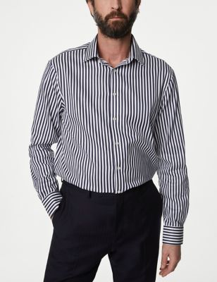 M&S Sartorial Mens Regular Fit Easy Iron Luxury Cotton Bold Stripe Shirt - 15 - Navy Mix, Navy Mix,L