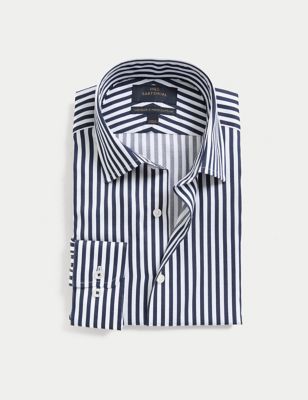 M&S Sartorial Mens Slim Fit Luxury Cotton Bold Stripe Shirt - 14.5 - Navy Mix, Navy Mix