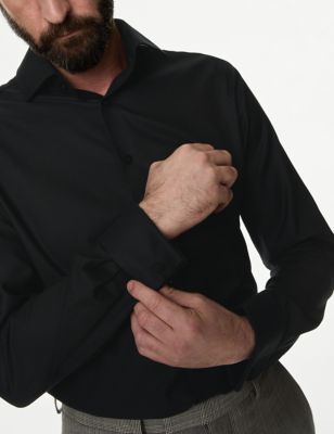 M&S Sartorial Mens Regular Fit Luxury Cotton Double Cuff Twill Shirt - 14.5 - Black, Black,White,Nav