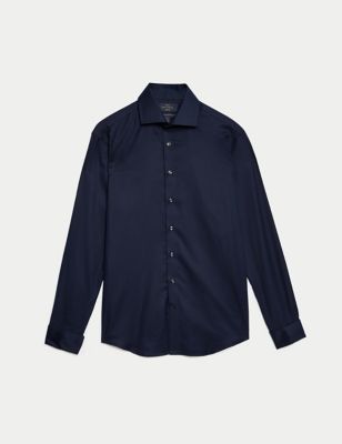 

Mens M&S SARTORIAL Slim Fit Luxury Cotton Double Cuff Twill Shirt - Navy, Navy