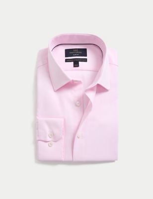 M&S Sartorial Mens Slim Fit Easy Iron Pure Cotton Twill Shirt - 15 - Pink, Pink,White,Blue,Black