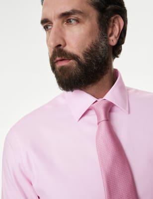 M&S Sartorial Mens Slim Fit Easy Iron Pure Cotton Twill Shirt - 15 - Pink, Pink,White,Blue,Black