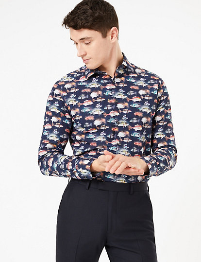 Tailored Fit Pure Cotton Fish Print Shirt