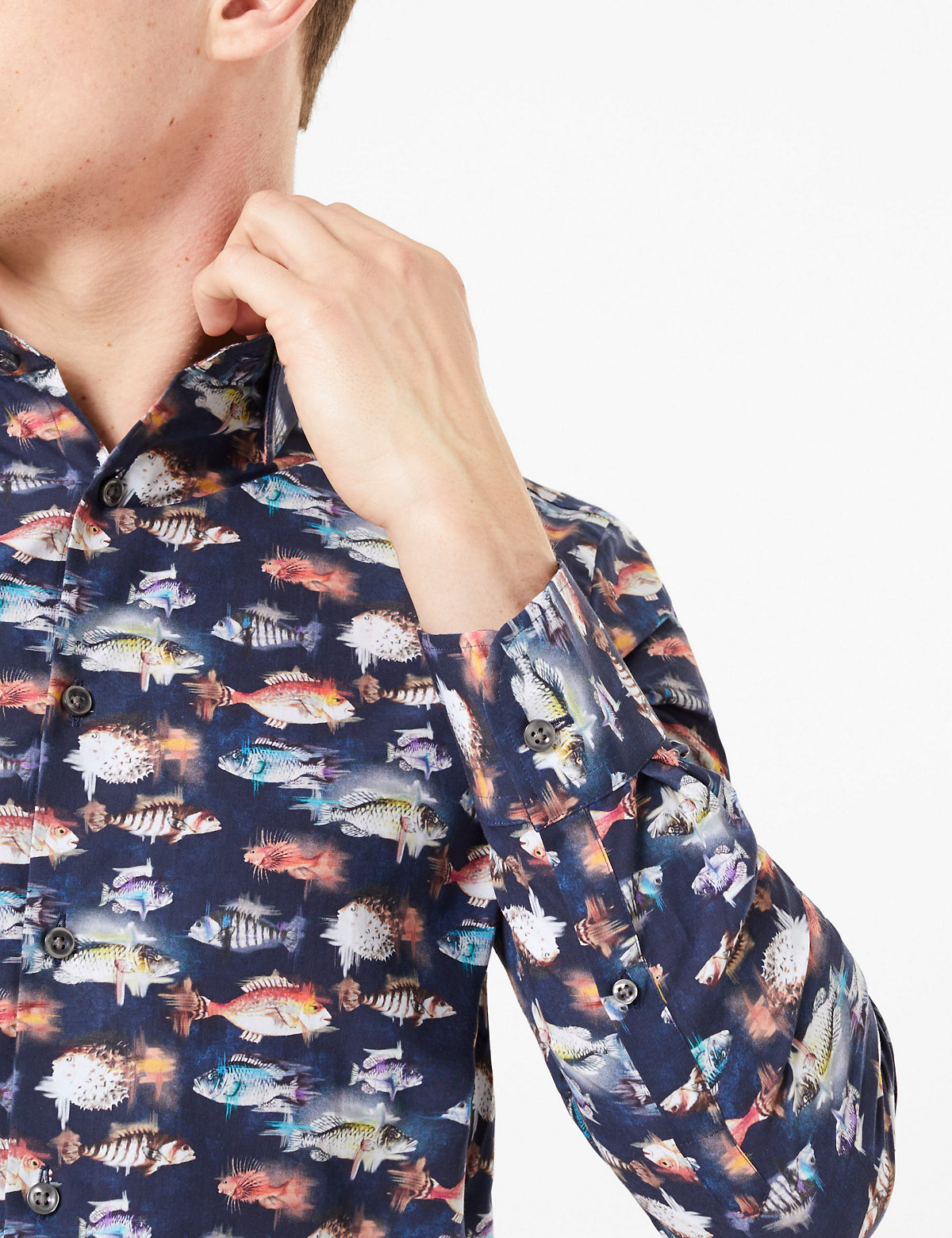 Tailored Fit Pure Cotton Fish Print Shirt