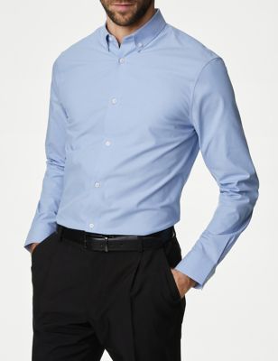 M&S Mens Regular Fit Cotton Stretch 360 Flex Shirt - Blue, Blue,White