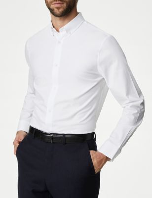 M&S Mens Regular Fit Cotton Stretch 360 Flex Shirt - XXL - White, White,Blue