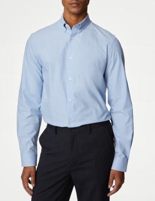 M&S Men's Slim Fit Cotton Stretch 360 Flex Shirt - Blue, Blue,White,Black,Navy,Lilac Mix,Blue Mix,L