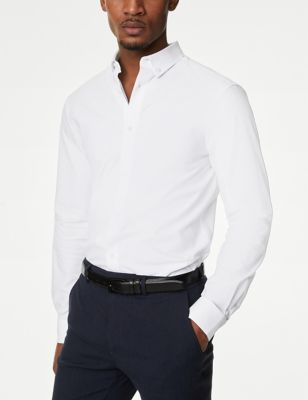 M&S Mens Slim Fit Cotton Stretch 360 Flex Shirt - White, White,Black,Blue Mix,Blue,Navy,Lilac Mix,L
