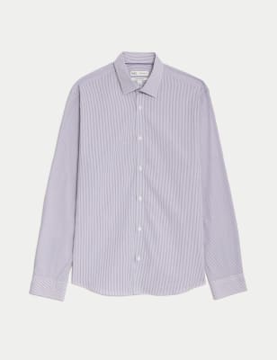 

Mens M&S Collection Normal geschnittenes Hemd mit hohem Baumwollanteil und Streifen - Navy Mix, Navy Mix