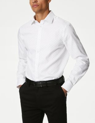 M&S Mens Regular Fit Non Iron Pure Cotton Floral Print Shirt - White Mix, White Mix