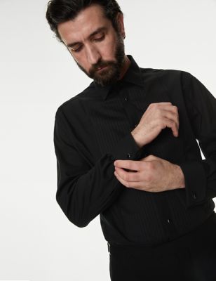 M&S Sartorial Men's Regular Fit Pure Cotton Double Cuff Dress Shirt - 15 - Black, Black,White