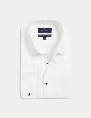 M&S Sartorial Men's Tailored Fit Luxury Cotton Double Cuff Dress Shirt - 19 - White, White