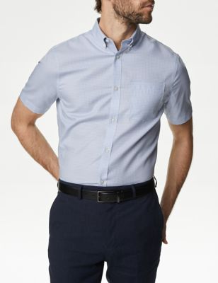 M&S Men's Regular Fit Non Iron Pure Cotton Gingham Shirt - 14.5 - Blue, Blue