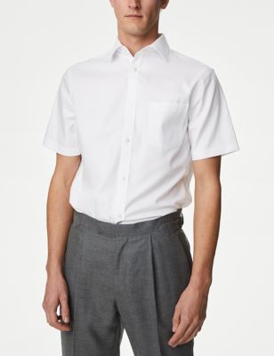 M&S Mens Regular Fit Non Iron Pure Cotton Print Shirt - 18.5 - White, White,White Mix