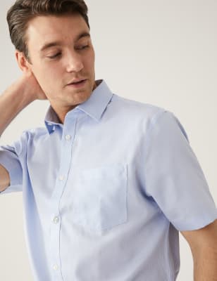 

Mens M&S Collection Bügelfreies Hemd aus reiner Baumwolle in normaler Passform mit Streifenmuster - Light Blue, Light Blue