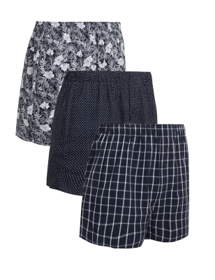 

Mens M&S Collection 3pk Pure Cotton Printed Woven Boxers - Dark Navy, Dark Navy